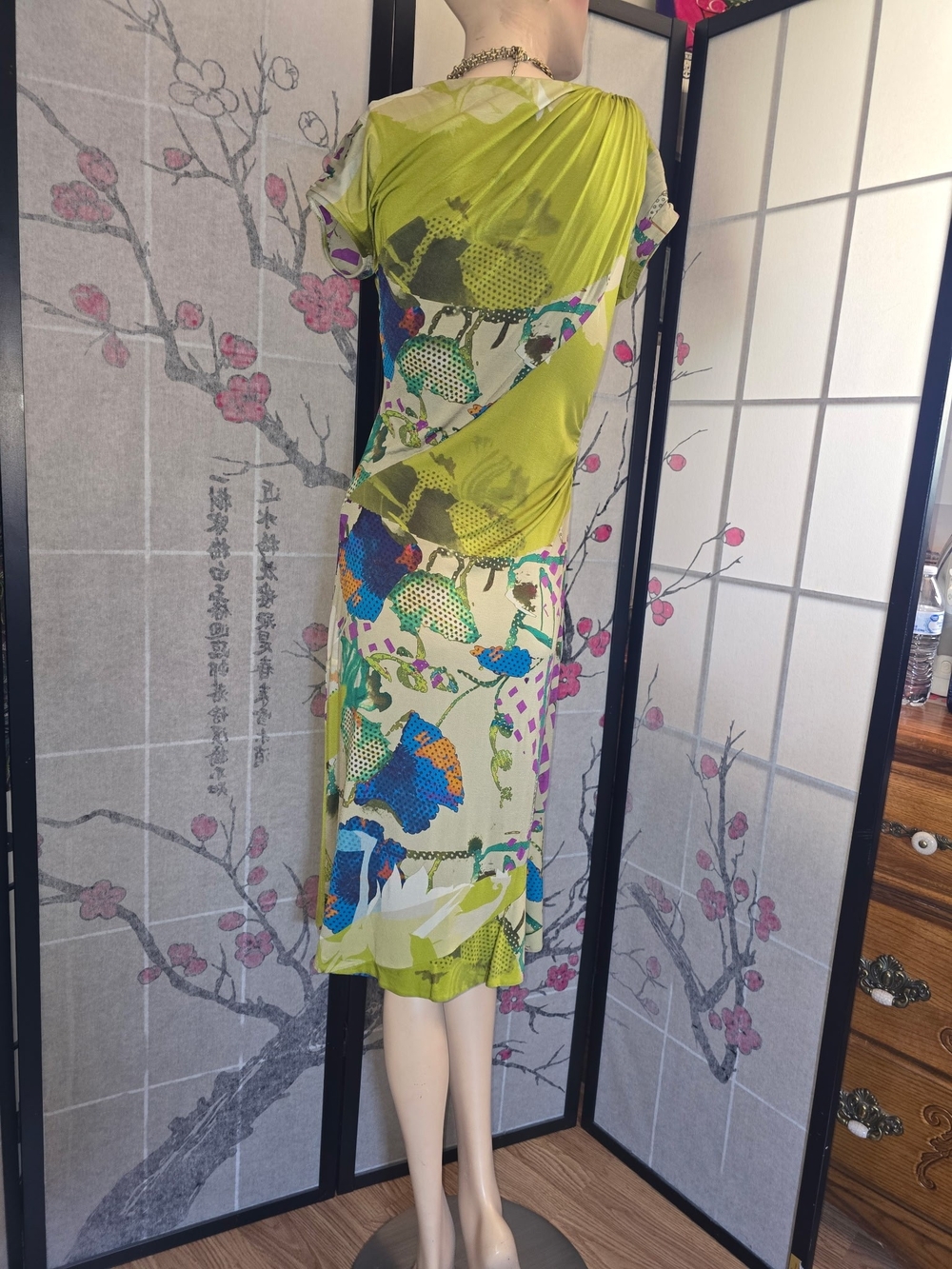 Etro Lime Green Printed Drape Neck Dress - Picture 3 of 3
